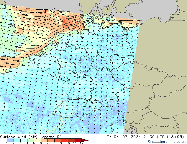 Wind 10 m (bft) Arome 01 do 04.07.2024 21 UTC