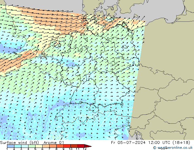 Wind 10 m (bft) Arome 01 vr 05.07.2024 12 UTC