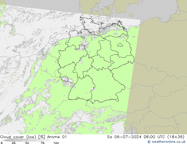 Bewolking (Laag) Arome 01 za 06.07.2024 06 UTC