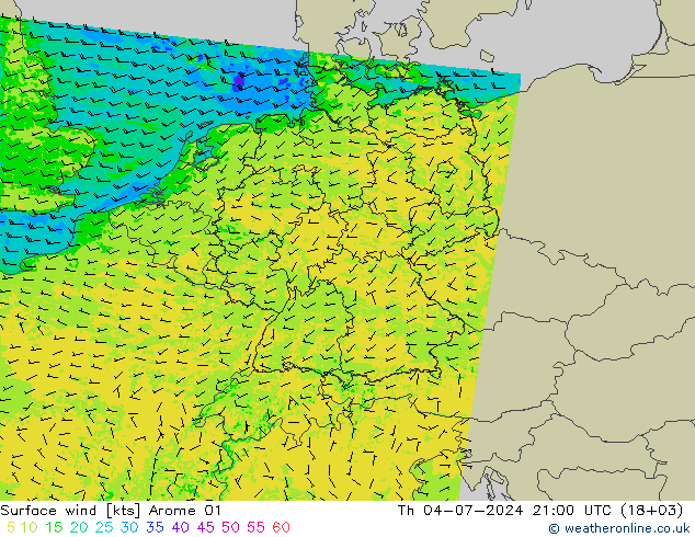 风 10 米 Arome 01 星期四 04.07.2024 21 UTC