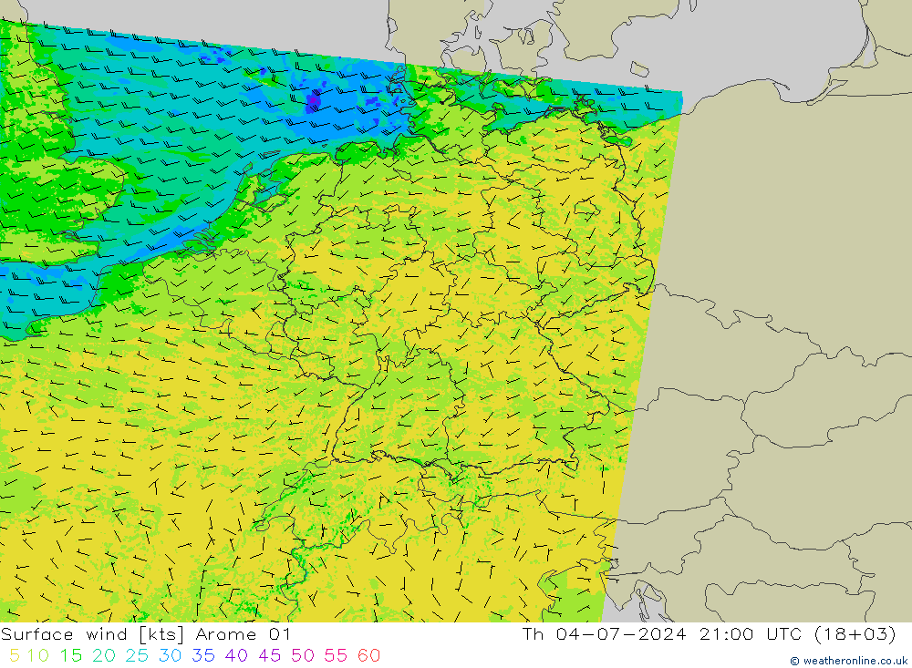 风 10 米 Arome 01 星期四 04.07.2024 21 UTC