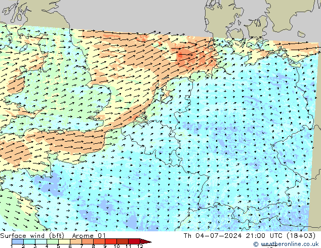 Wind 10 m (bft) Arome 01 do 04.07.2024 21 UTC