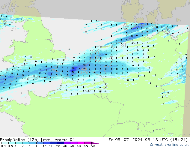 Totale neerslag (12h) Arome 01 vr 05.07.2024 18 UTC