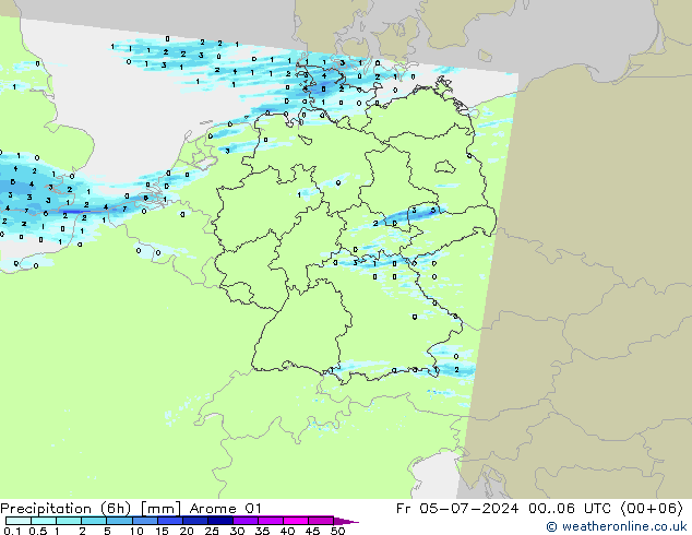 降水量 (6h) Arome 01 星期五 05.07.2024 06 UTC