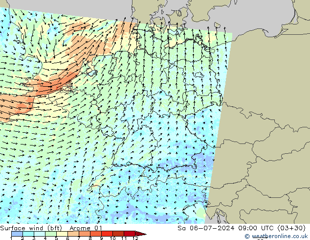 Wind 10 m (bft) Arome 01 za 06.07.2024 09 UTC