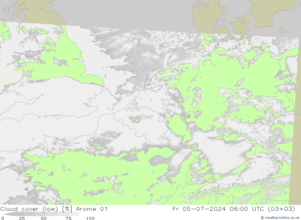 Bewolking (Laag) Arome 01 vr 05.07.2024 06 UTC