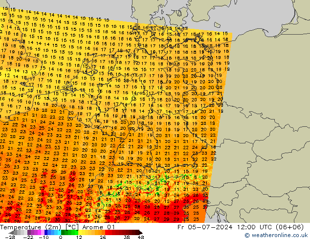 Temperatuurkaart (2m) Arome 01 vr 05.07.2024 12 UTC