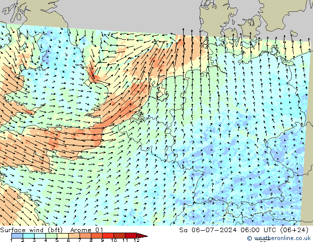 Wind 10 m (bft) Arome 01 za 06.07.2024 06 UTC