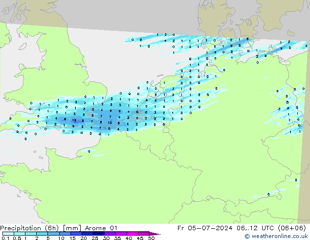 Totale neerslag (6h) Arome 01 vr 05.07.2024 12 UTC