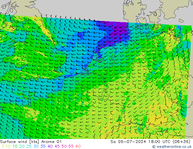 Wind 10 m Arome 01 za 06.07.2024 18 UTC