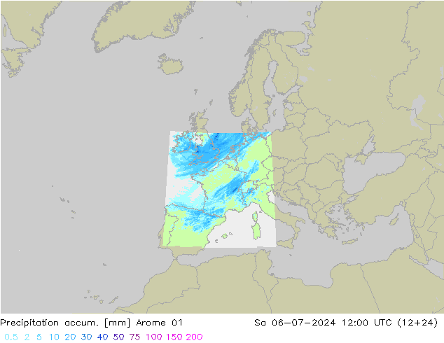Totale neerslag Arome 01 za 06.07.2024 12 UTC