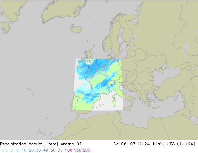 Precipitation accum. Arome 01 星期六 06.07.2024 12 UTC