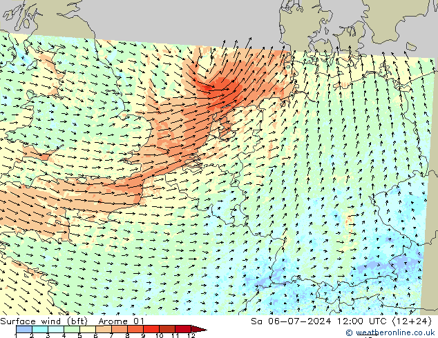 Wind 10 m (bft) Arome 01 za 06.07.2024 12 UTC