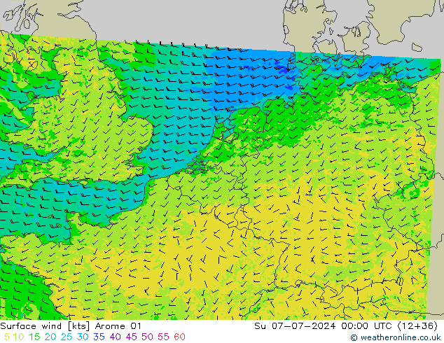 Wind 10 m Arome 01 zo 07.07.2024 00 UTC