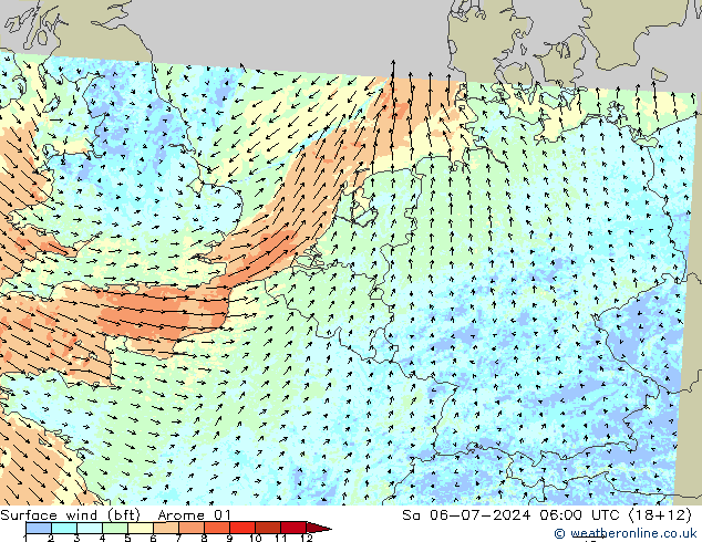 Wind 10 m (bft) Arome 01 za 06.07.2024 06 UTC