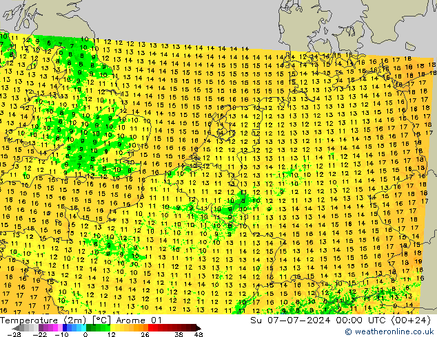 Temperatuurkaart (2m) Arome 01 zo 07.07.2024 00 UTC
