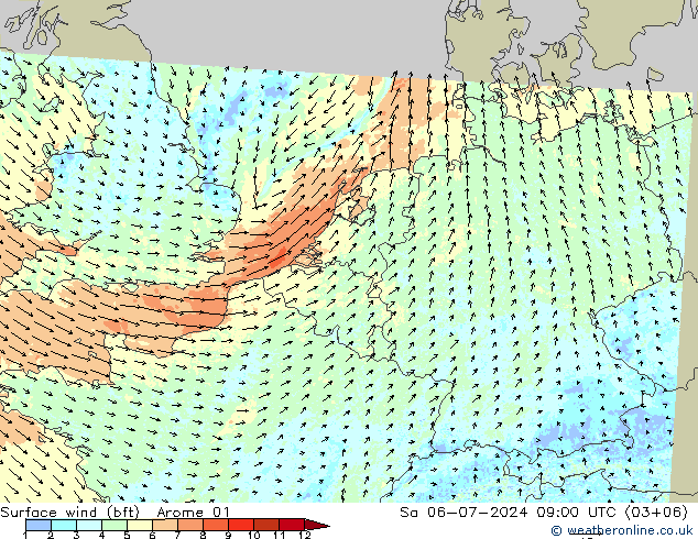 Wind 10 m (bft) Arome 01 za 06.07.2024 09 UTC