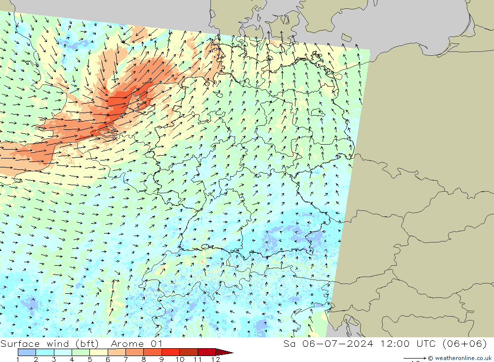 Wind 10 m (bft) Arome 01 za 06.07.2024 12 UTC