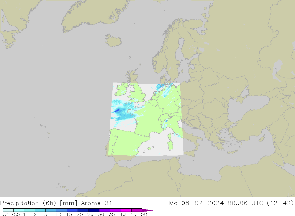 Totale neerslag (6h) Arome 01 ma 08.07.2024 06 UTC