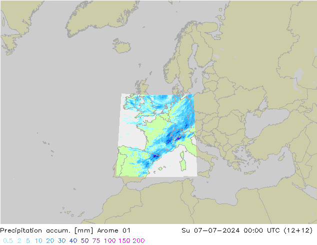 Totale neerslag Arome 01 zo 07.07.2024 00 UTC