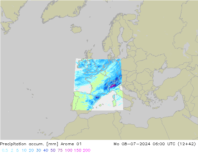 Totale neerslag Arome 01 ma 08.07.2024 06 UTC