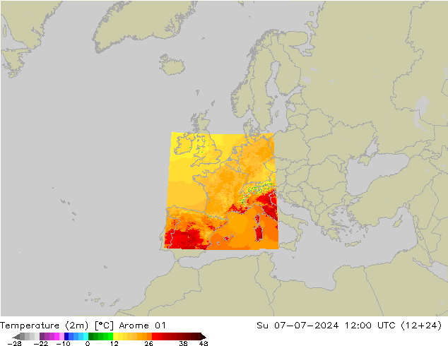 Temperatuurkaart (2m) Arome 01 zo 07.07.2024 12 UTC