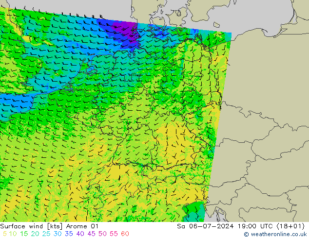 风 10 米 Arome 01 星期六 06.07.2024 19 UTC