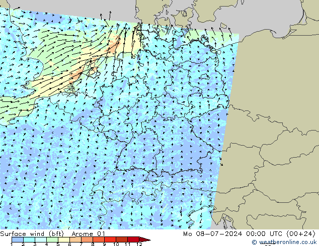 Wind 10 m (bft) Arome 01 ma 08.07.2024 00 UTC