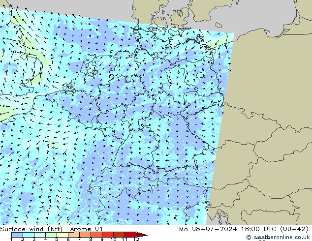 Wind 10 m (bft) Arome 01 ma 08.07.2024 18 UTC