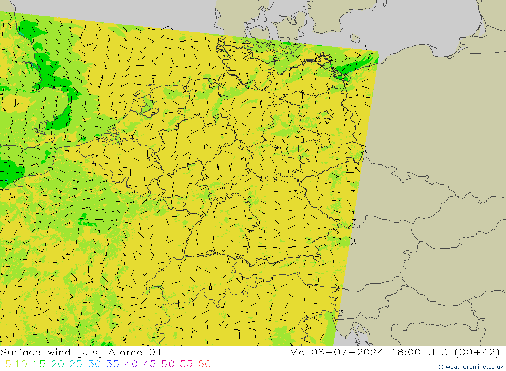 风 10 米 Arome 01 星期一 08.07.2024 18 UTC