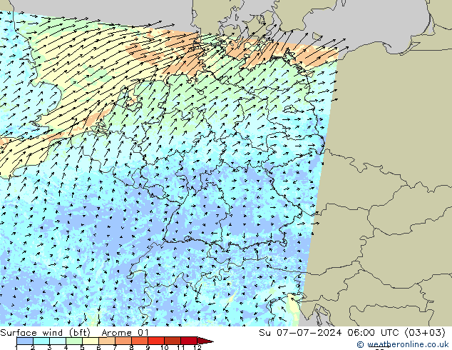 Wind 10 m (bft) Arome 01 zo 07.07.2024 06 UTC
