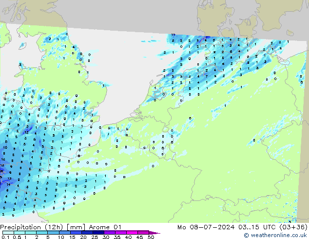 Totale neerslag (12h) Arome 01 ma 08.07.2024 15 UTC