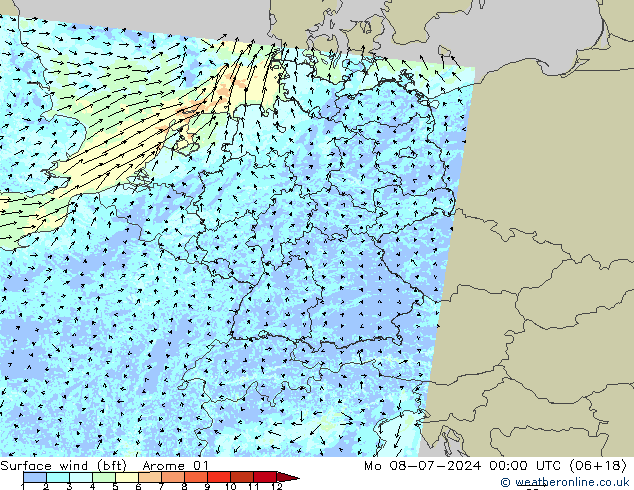 �N 10 米 (bft) Arome 01 星期一 08.07.2024 00 UTC