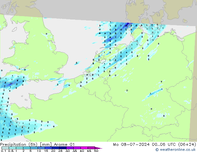 Totale neerslag (6h) Arome 01 ma 08.07.2024 06 UTC