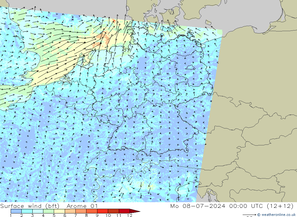Wind 10 m (bft) Arome 01 ma 08.07.2024 00 UTC