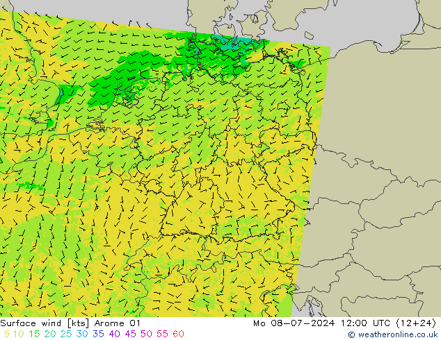 风 10 米 Arome 01 星期一 08.07.2024 12 UTC