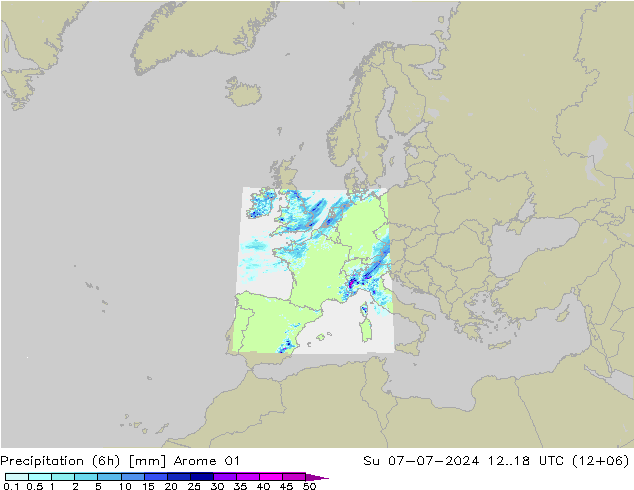 降水量 (6h) Arome 01 星期日 07.07.2024 18 UTC