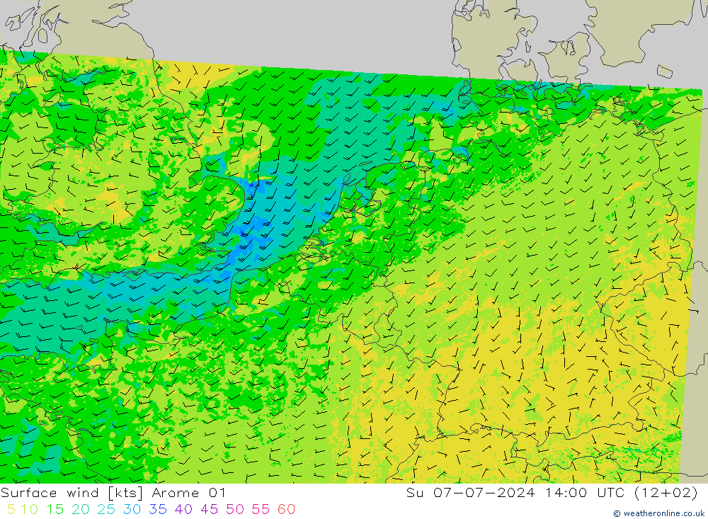 Wind 10 m Arome 01 zo 07.07.2024 14 UTC