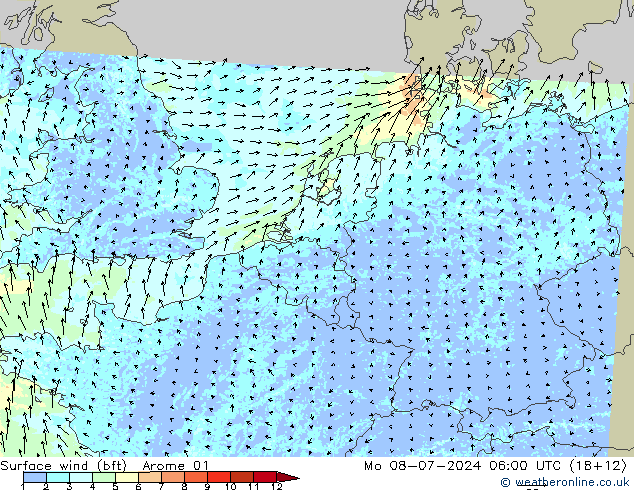 Wind 10 m (bft) Arome 01 ma 08.07.2024 06 UTC