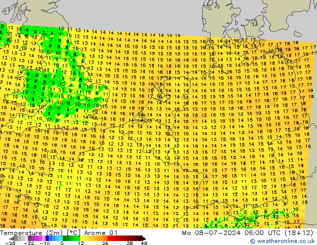 Temperatuurkaart (2m) Arome 01 ma 08.07.2024 06 UTC