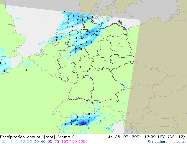 Totale neerslag Arome 01 ma 08.07.2024 12 UTC