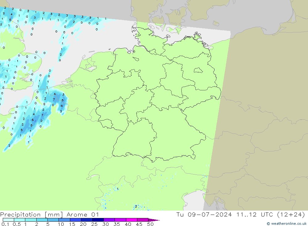 Neerslag Arome 01 di 09.07.2024 12 UTC