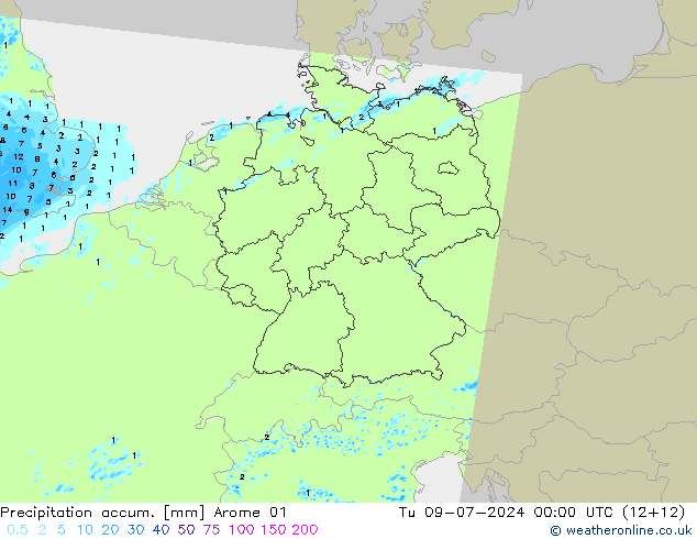Totale neerslag Arome 01 di 09.07.2024 00 UTC