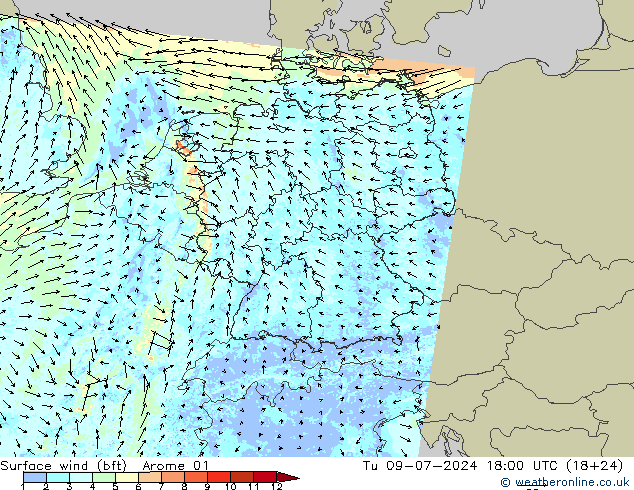 Wind 10 m (bft) Arome 01 di 09.07.2024 18 UTC