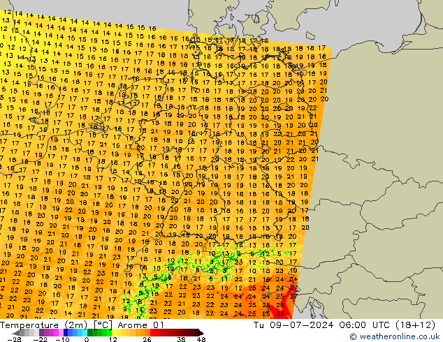Temperatuurkaart (2m) Arome 01 di 09.07.2024 06 UTC