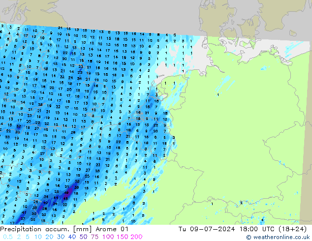 Totale neerslag Arome 01 di 09.07.2024 18 UTC
