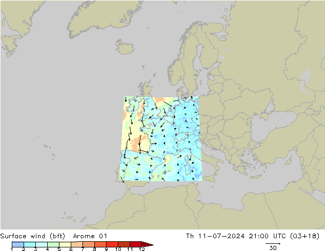 Wind 10 m (bft) Arome 01 do 11.07.2024 21 UTC