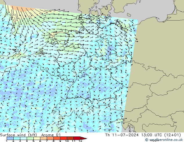 Wind 10 m (bft) Arome 01 do 11.07.2024 13 UTC