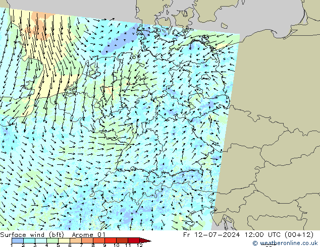Wind 10 m (bft) Arome 01 vr 12.07.2024 12 UTC