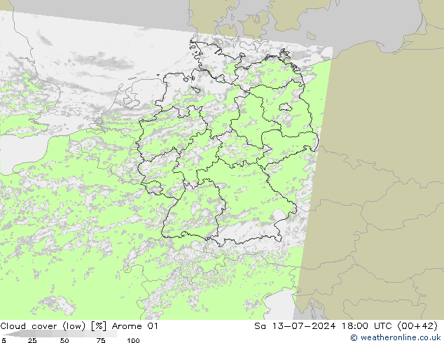 Bewolking (Laag) Arome 01 za 13.07.2024 18 UTC